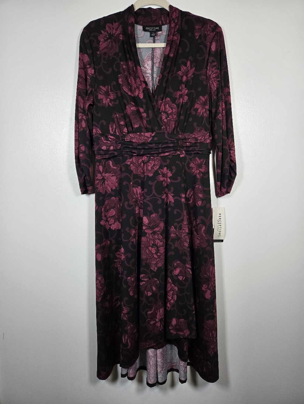 NEW Perceptions Black Purple Floral Surplice V-Neck Midi Dress Size Large